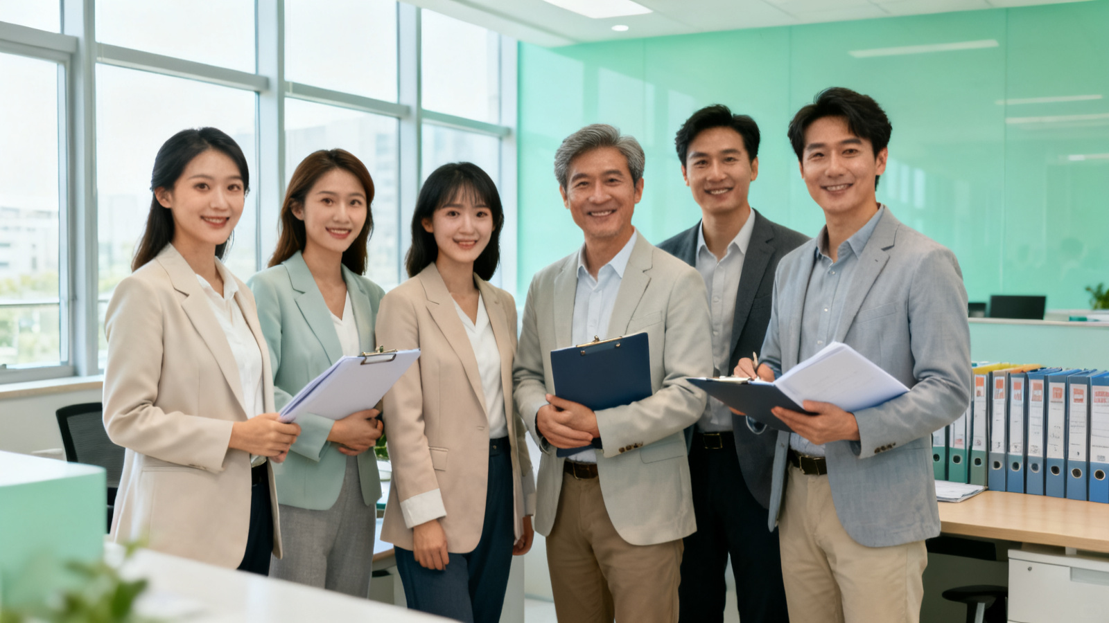 六位专业服务团队成员在明亮办公室合影，各管一段协同服务